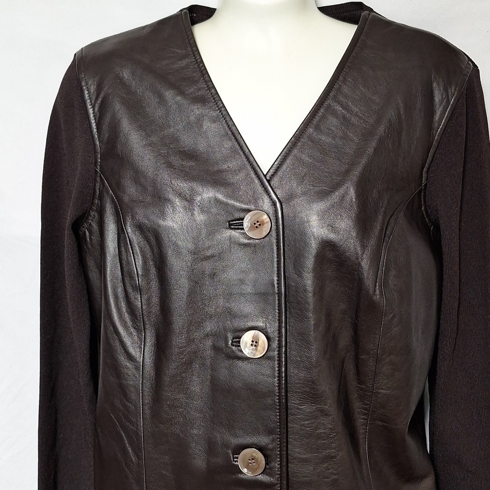 Anne Klein Sweater Jacket Genuine Leather Button Down - Picture 2 of 10